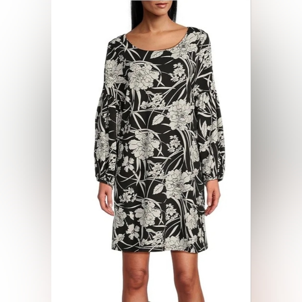 NWT Bryn Walker Floral Print Round Neck Long Sleeve Lantern Dress:Black/White:XL